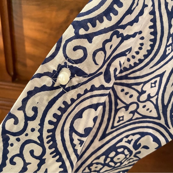 Talbots Blue Yellow White Beaded V-neck Tunic Top Size M Adjustable Sleeve - Picture 14 of 17